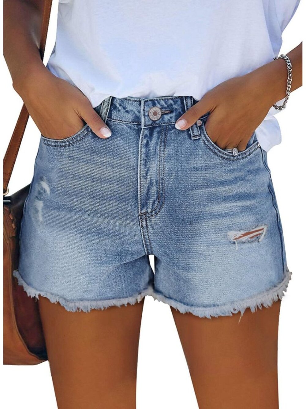 Women's Light Blue High Waisted Denim Stretchy Ripped with Pocket Jean Shorts